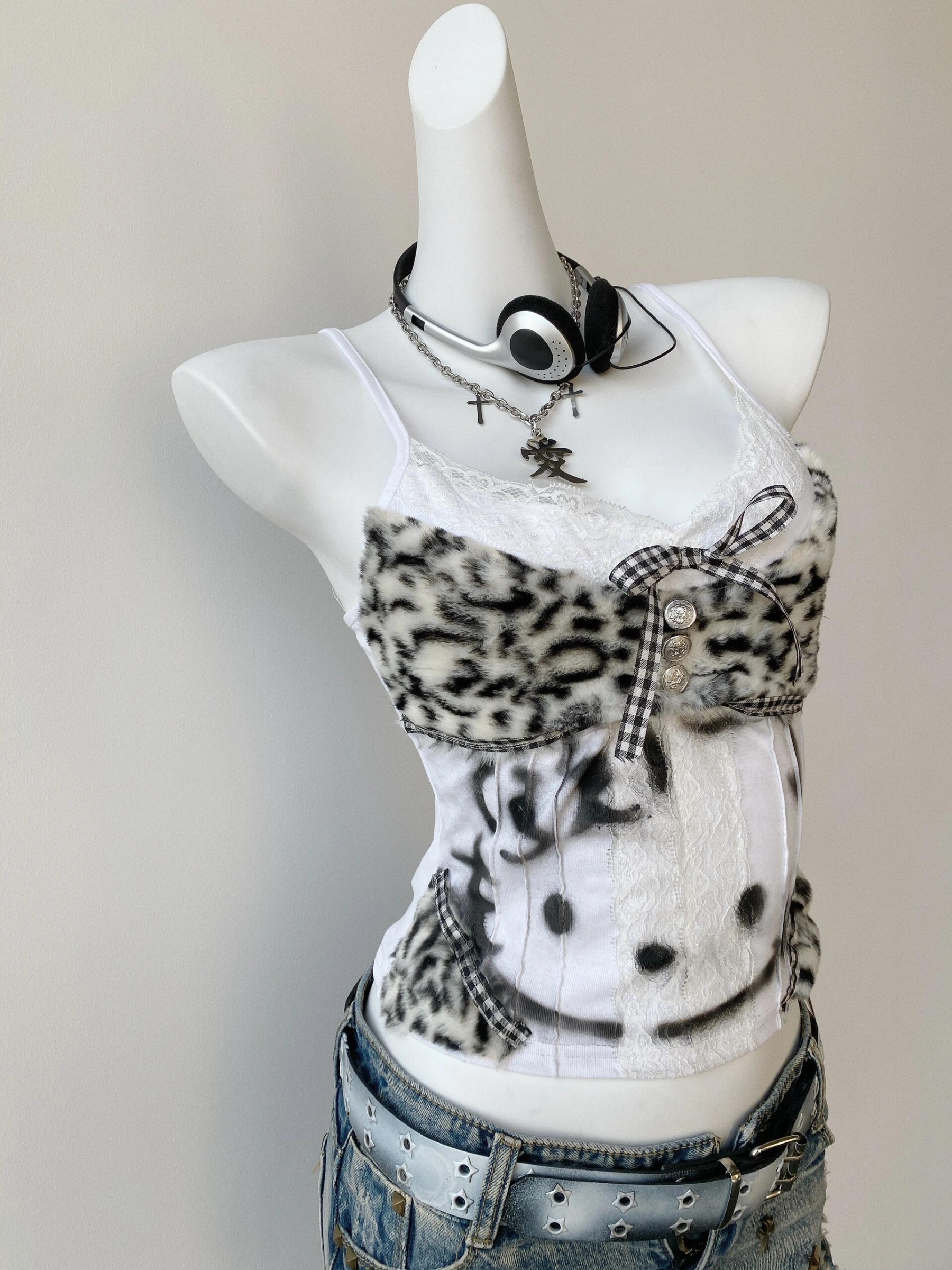 HK Y2K Subculture Remake Leopard Plush Kitty Tank Top