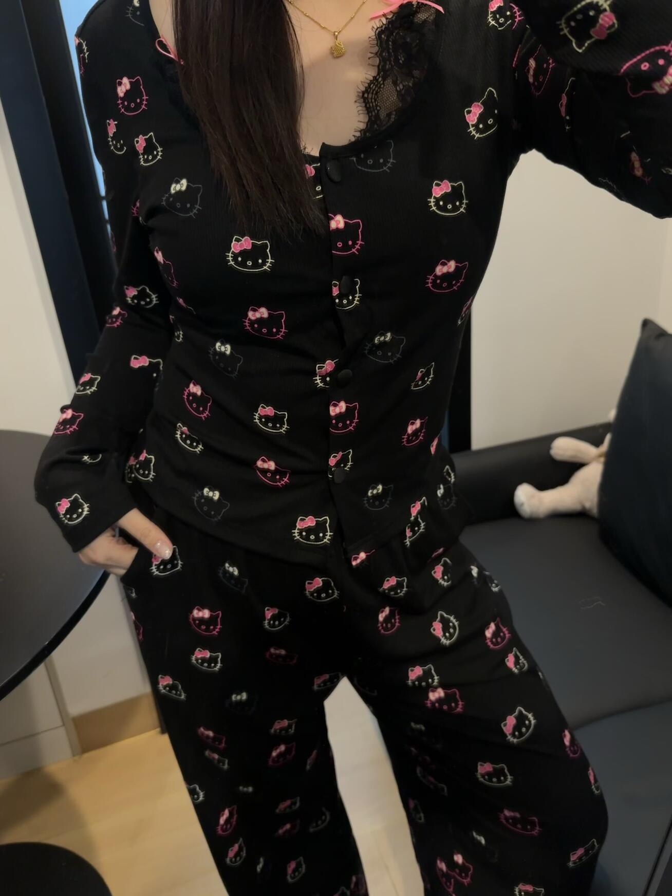 HK Black Pajama Sets Long Sleeve Button Down Sleepwear Nightwear Soft Modal  Pjs Lounge Sets