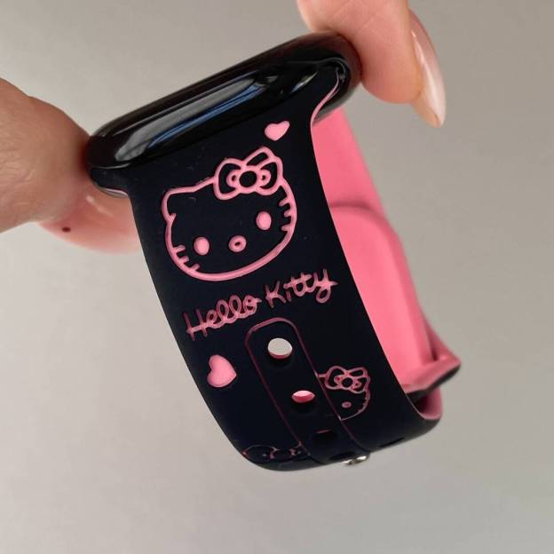 HK Silicone Engraved Watch Band, Cute Hello Kitty Carved Strap for Apple Watch SE/7/8/9/10