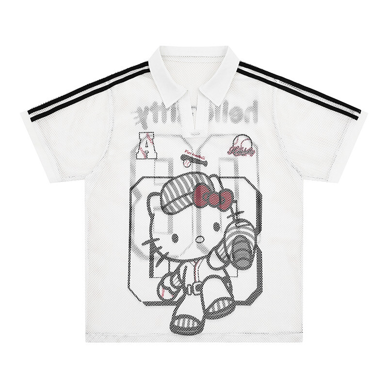 Retro Hello Kitty Print Baseball Tee - Women's Oversized V-Neck Mesh T-Shirt 02