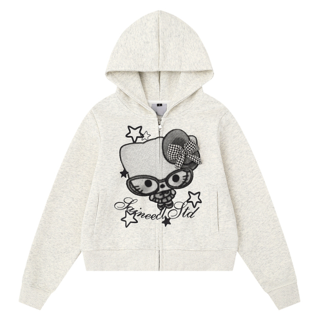 HK Cartoon Bow Hoodie Jacket for Women – Cute Kitty Print Zip Up Sweatshirt, Casual Y2K Short Coat, Fall Fashion 01250819