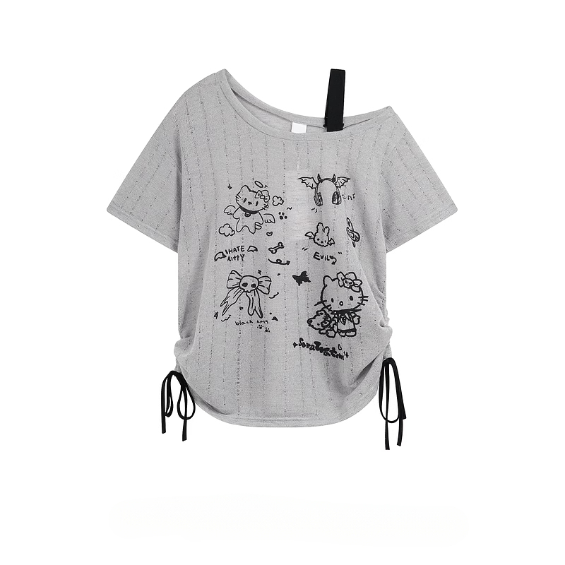 HK Off-Shoulder Crop Top - Drawstring Waist Summer Tee for Women 03250620