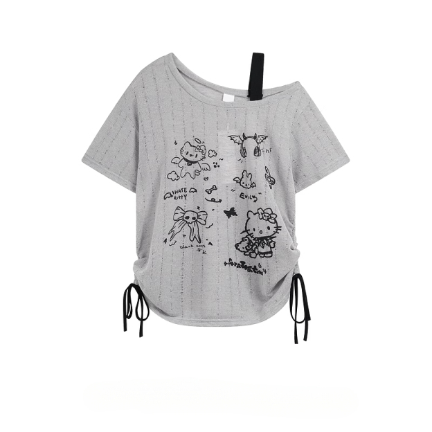 HK Off-Shoulder Crop Top - Drawstring Waist Summer Tee for Women 03250620