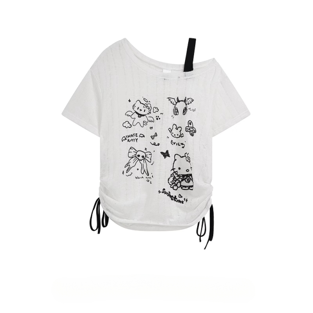 HK Off-Shoulder Crop Top - Drawstring Waist Summer Tee for Women 03250620