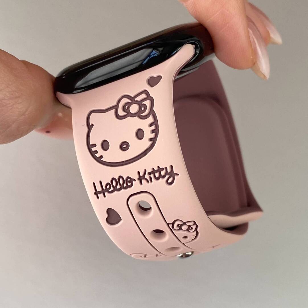 HK Silicone Engraved Watch Band, Cute Hello Kitty Carved Strap for Apple Watch SE/7/8/9/10