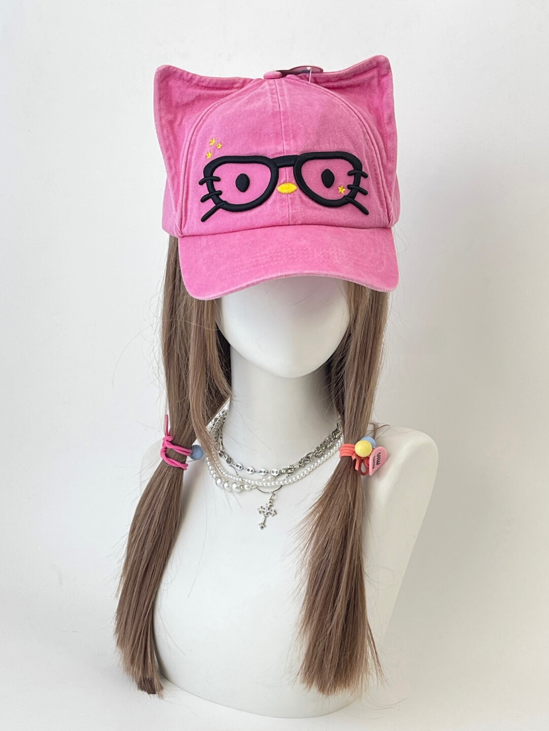 HK Cute Glasses Kitty Baseball Cap, Adjustable Summer Sun Hat for Women Girls, Fashion Kawaii Duckbill Cap 03250821