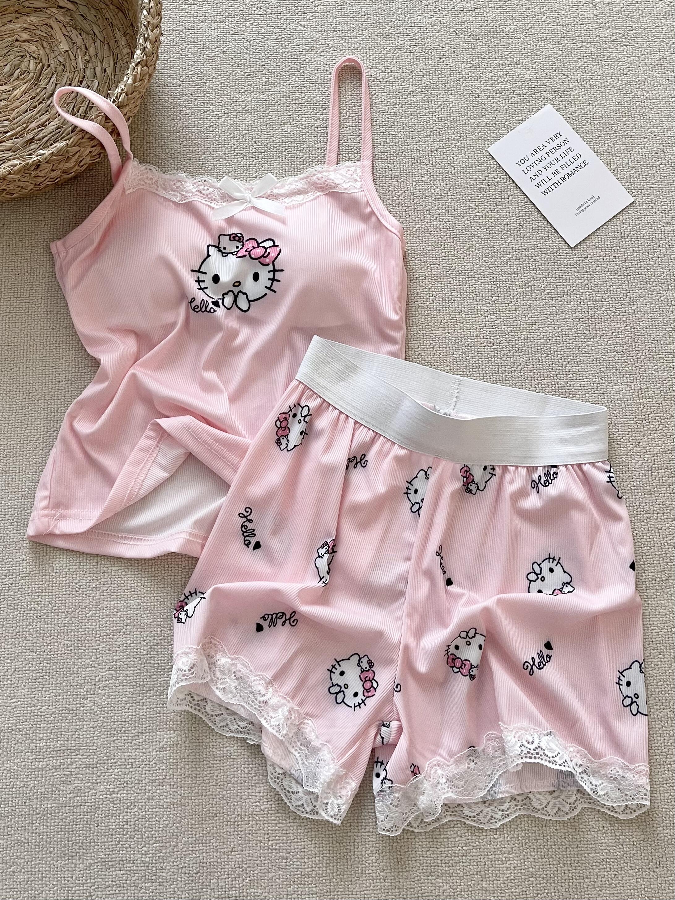 HK Pink Lace Pajama Set for Women 2 Piece Lingerie Sleepwear Camisole Pj Shorts Set Nightwear