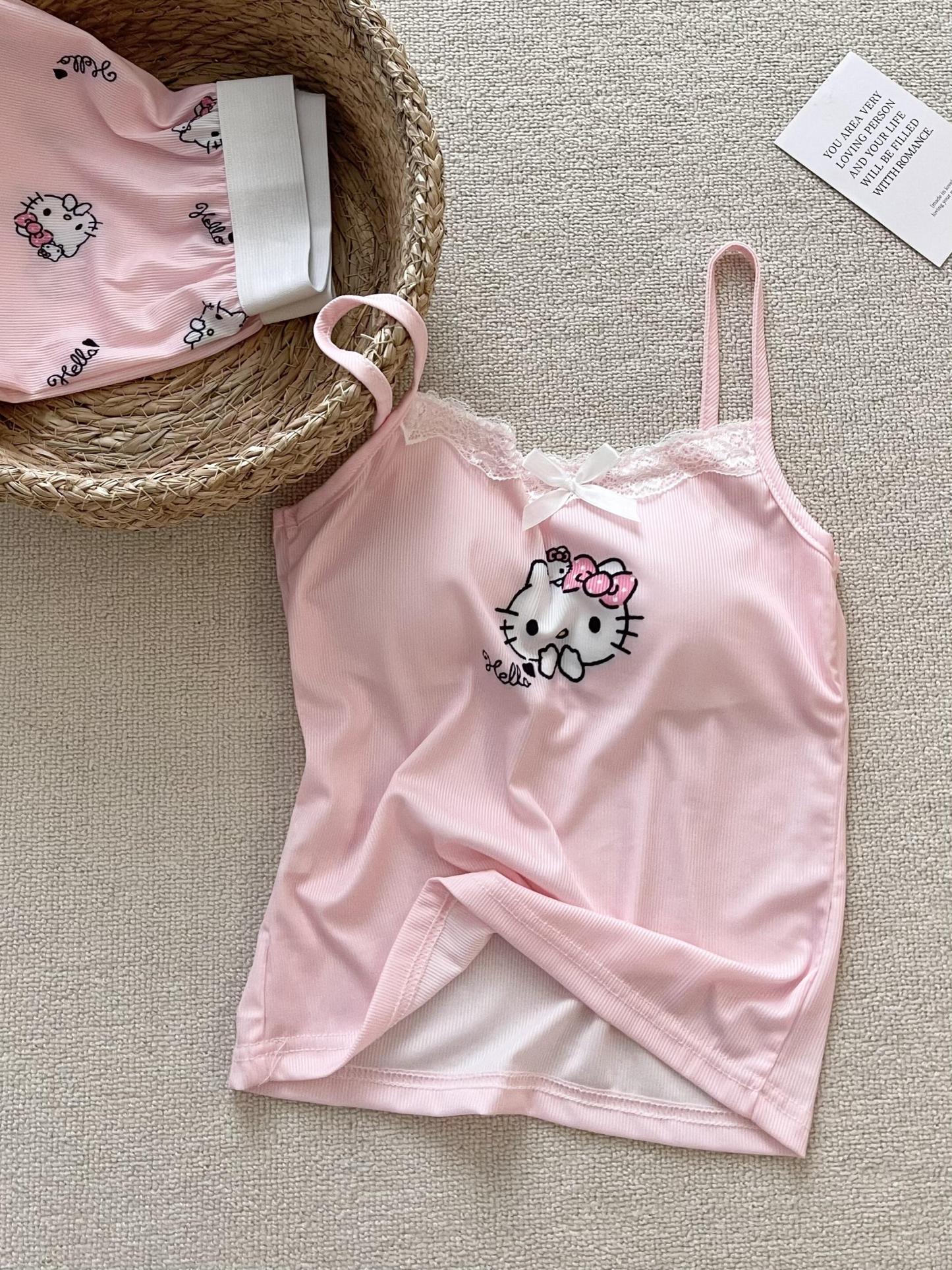 HK Pink Lace Pajama Set for Women 2 Piece Lingerie Sleepwear Camisole Pj Shorts Set Nightwear