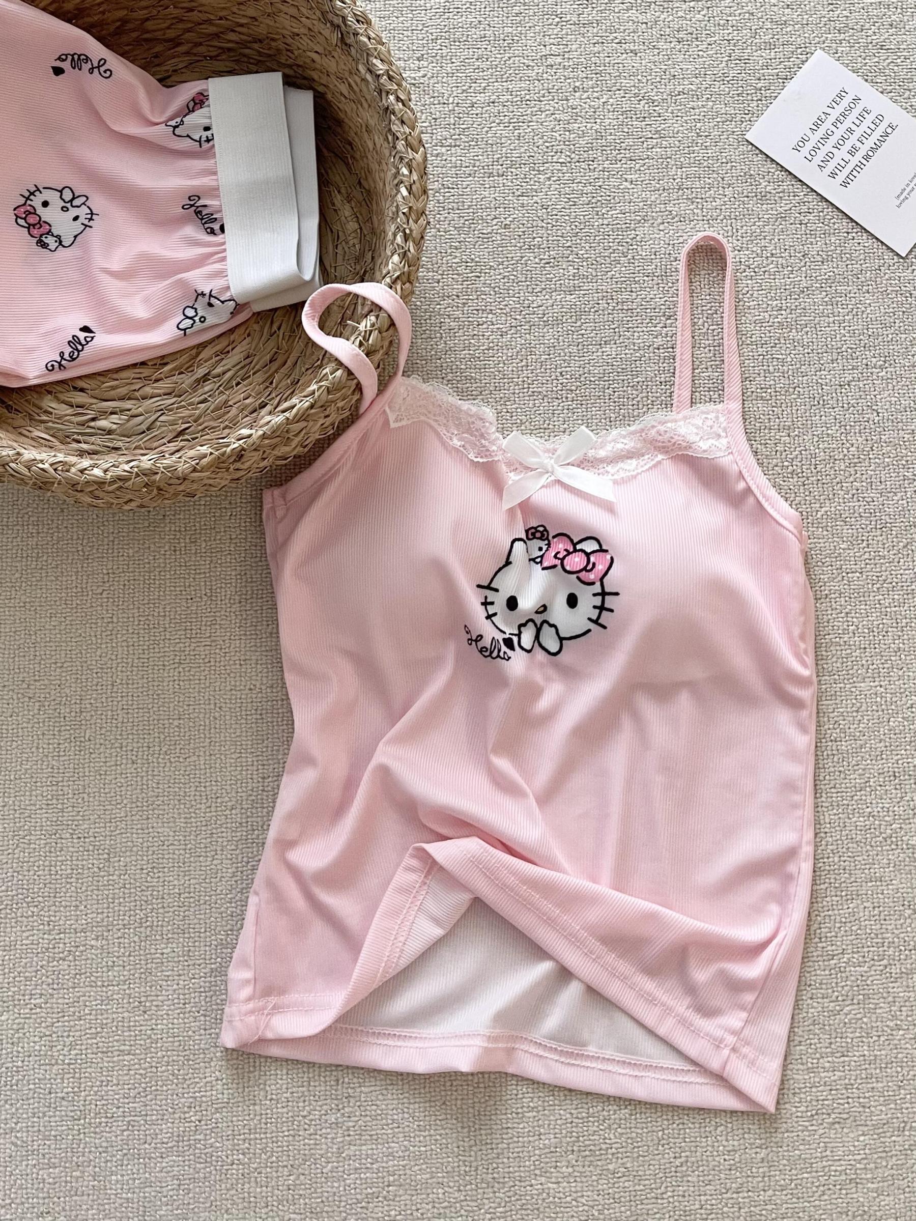 HK Pink Lace Pajama Set for Women 2 Piece Lingerie Sleepwear Camisole Pj Shorts Set Nightwear