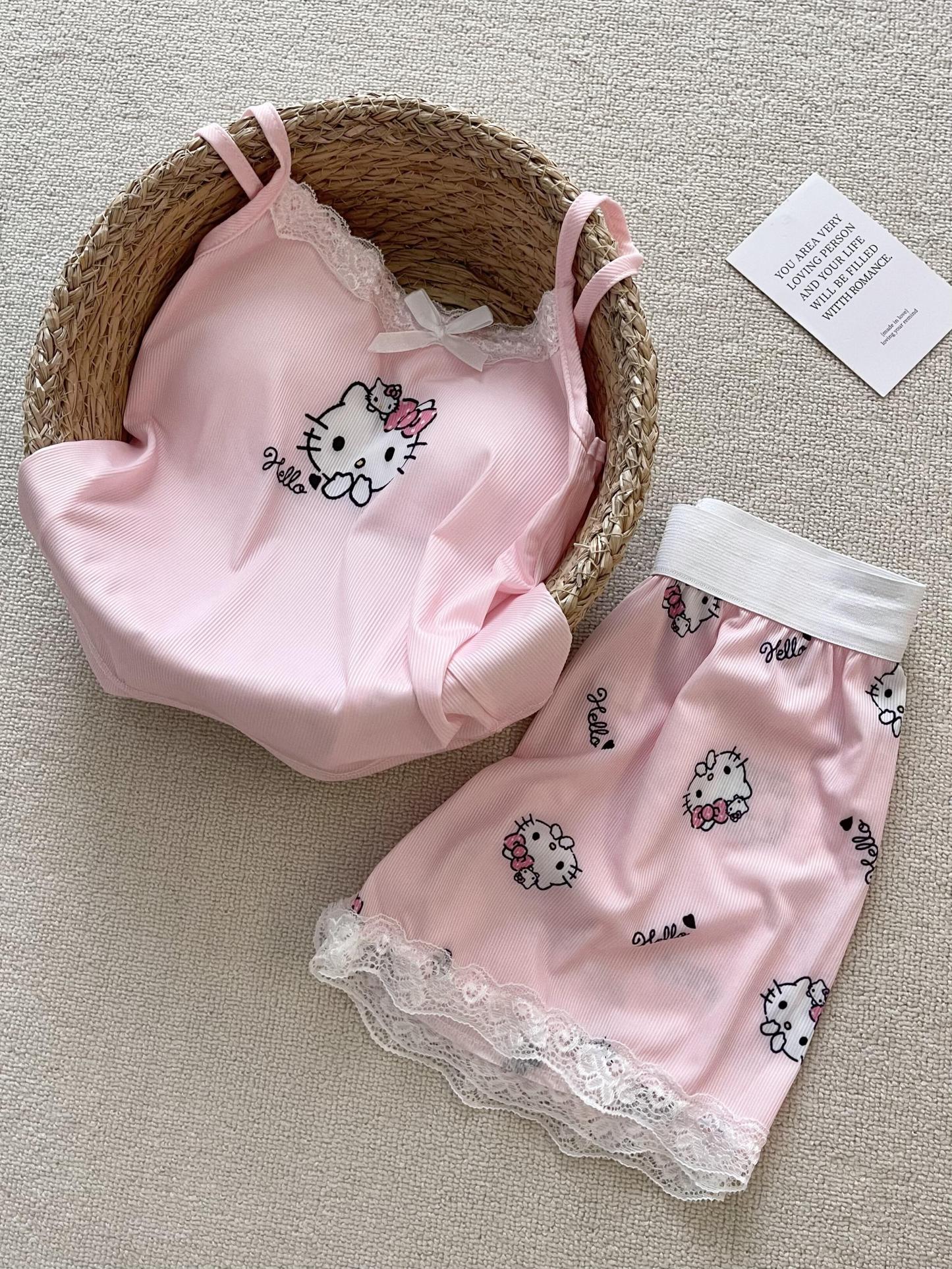 HK Pink Lace Pajama Set for Women 2 Piece Lingerie Sleepwear Camisole Pj Shorts Set Nightwear