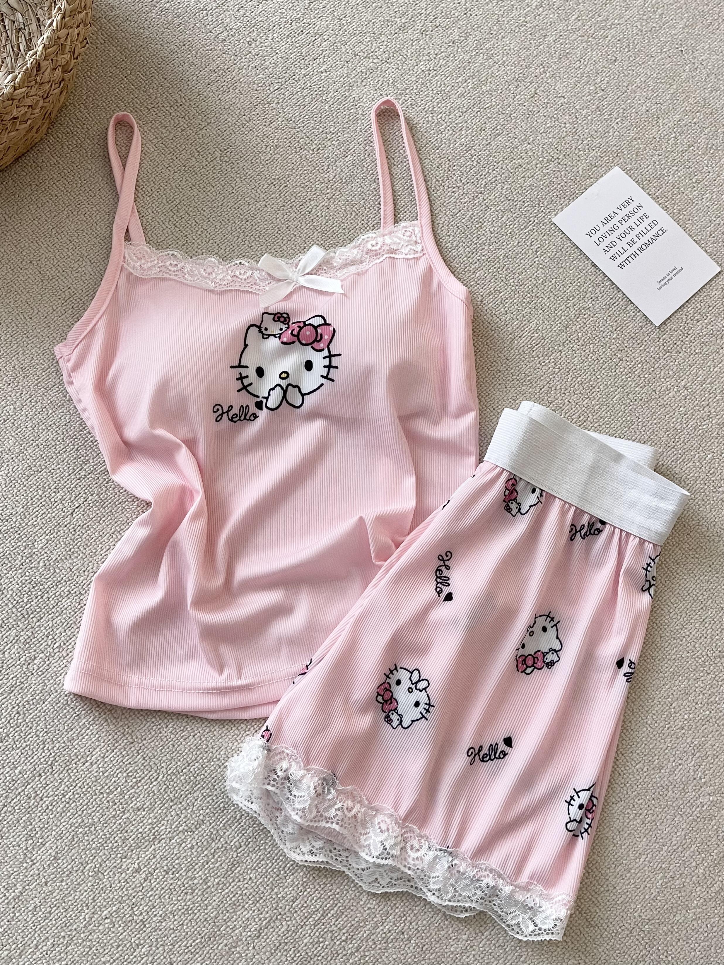 HK Pink Lace Pajama Set for Women 2 Piece Lingerie Sleepwear Camisole Pj Shorts Set Nightwear