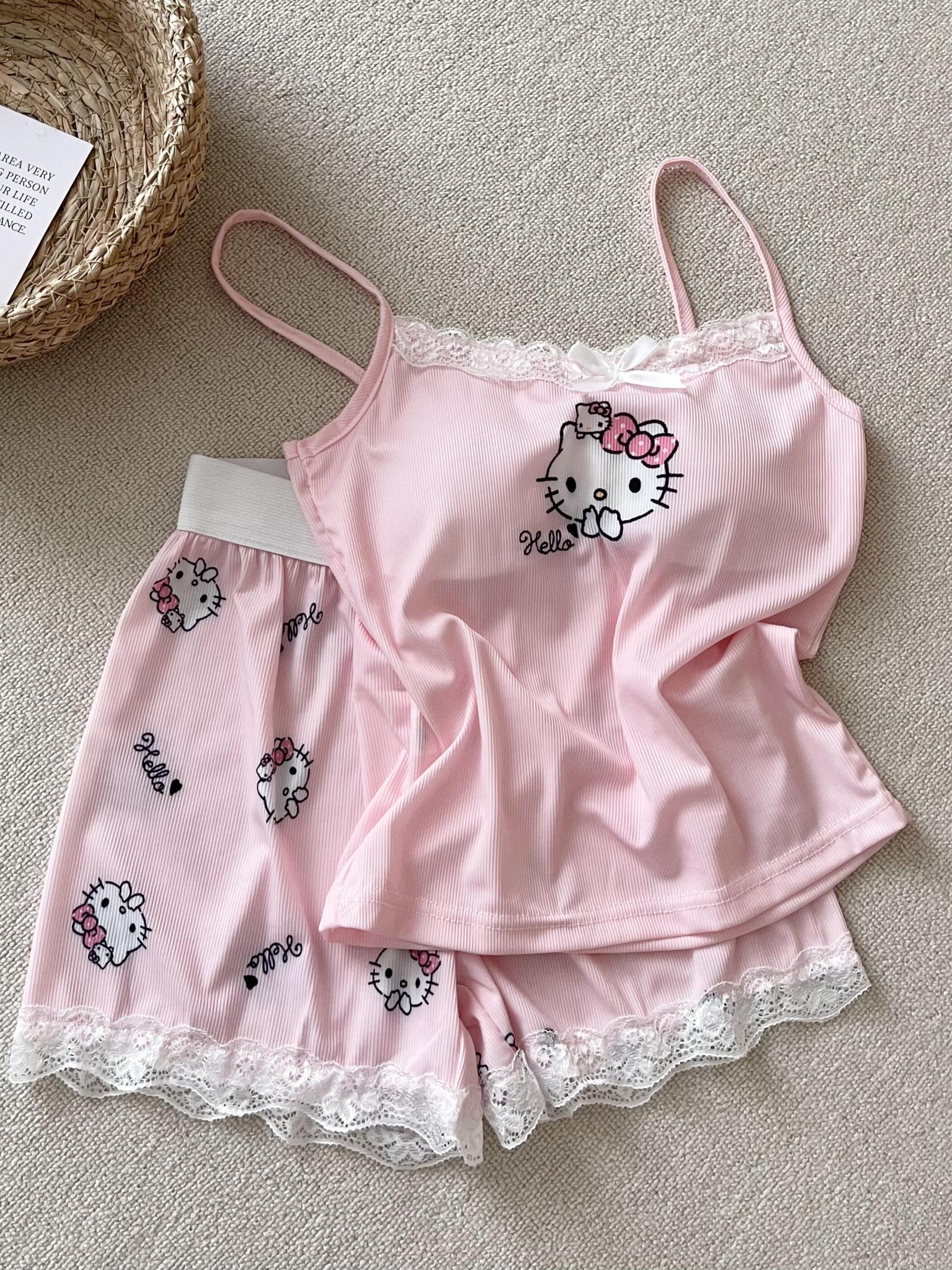 HK Pink Lace Pajama Set for Women 2 Piece Lingerie Sleepwear Camisole Pj Shorts Set Nightwear