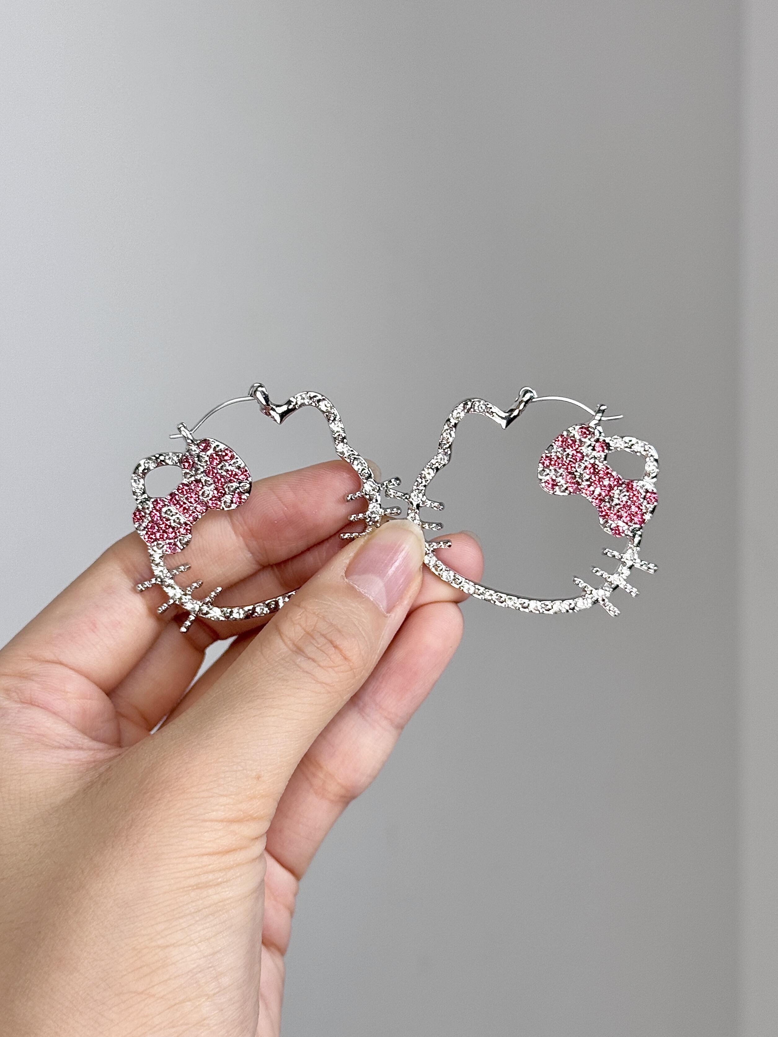 HK Hollow Zircon Hoop Earrings – Sparkling Pink Diamond Style, Sweet Fashion Jewelry for Women (Pair)