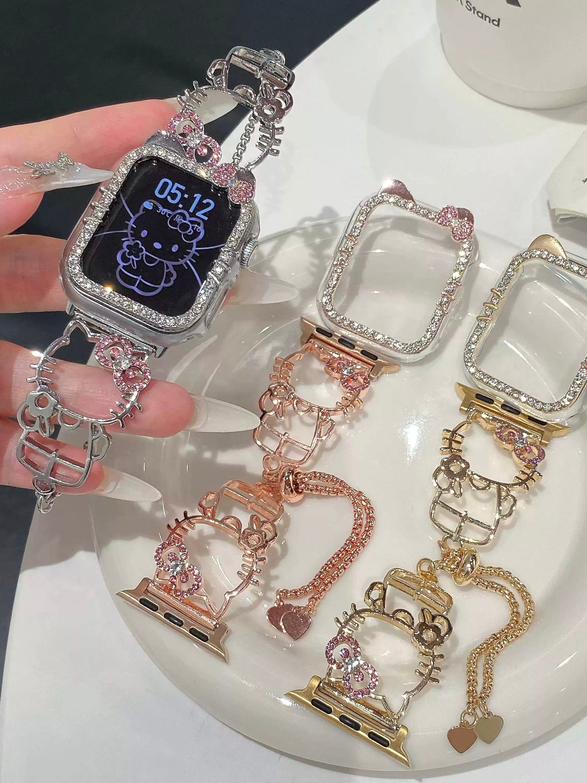 HK Shape Apple Watch Band Bling Diamond Jewelry Metal Strap Bands with Crystal Tempered Glass Screen Protector Case, Round Shiny Bracelet Wristband for iWatch Series