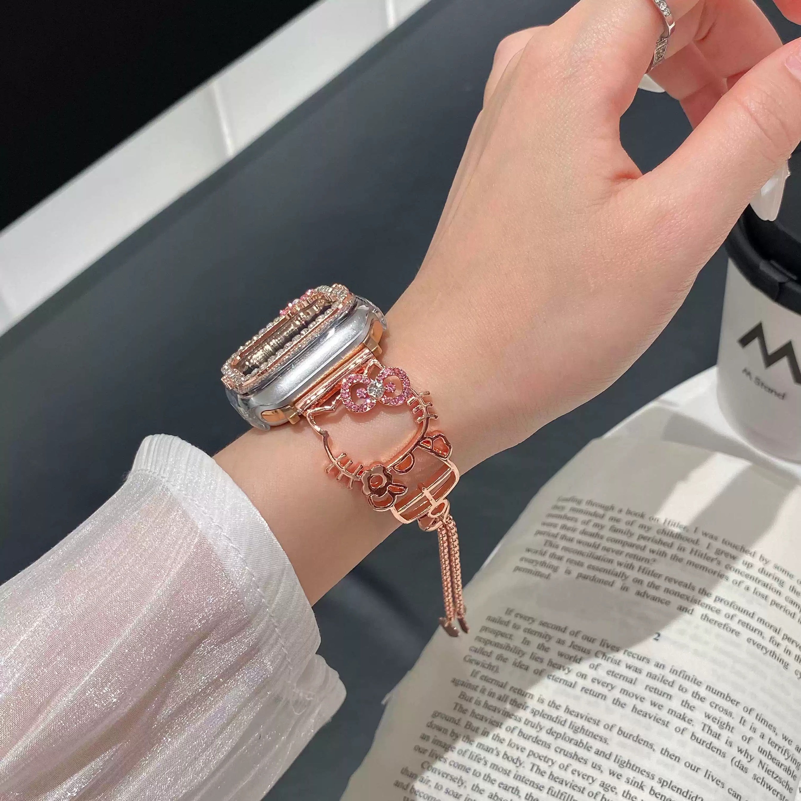 HK Shape Apple Watch Band Bling Diamond Jewelry Metal Strap Bands with Crystal Tempered Glass Screen Protector Case, Round Shiny Bracelet Wristband for iWatch Series