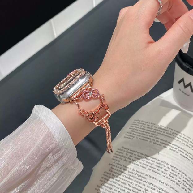 HK Shape Apple Watch Band Bling Diamond Jewelry Metal Strap Bands with Crystal Tempered Glass Screen Protector Case, Round Shiny Bracelet Wristband for iWatch Series