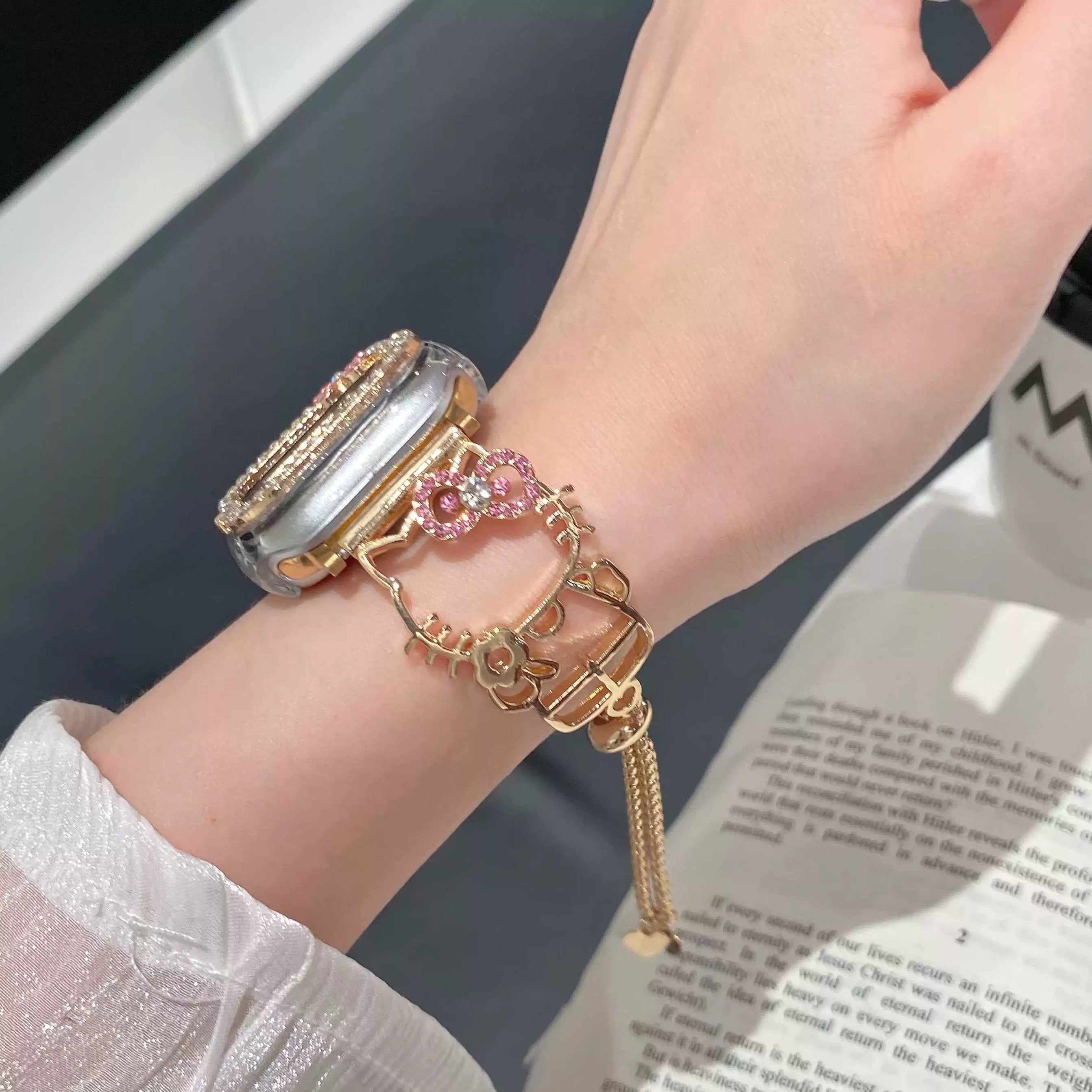 HK Shape Apple Watch Band Bling Diamond Jewelry Metal Strap Bands with Crystal Tempered Glass Screen Protector Case, Round Shiny Bracelet Wristband for iWatch Series