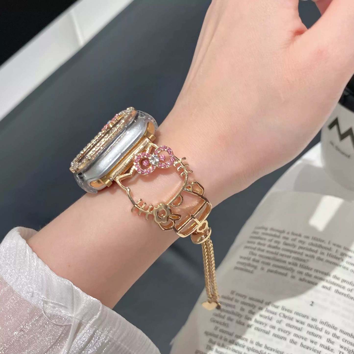 HK Shape Apple Watch Band Bling Diamond Jewelry Metal Strap Bands with Crystal Tempered Glass Screen Protector Case, Round Shiny Bracelet Wristband for iWatch Series