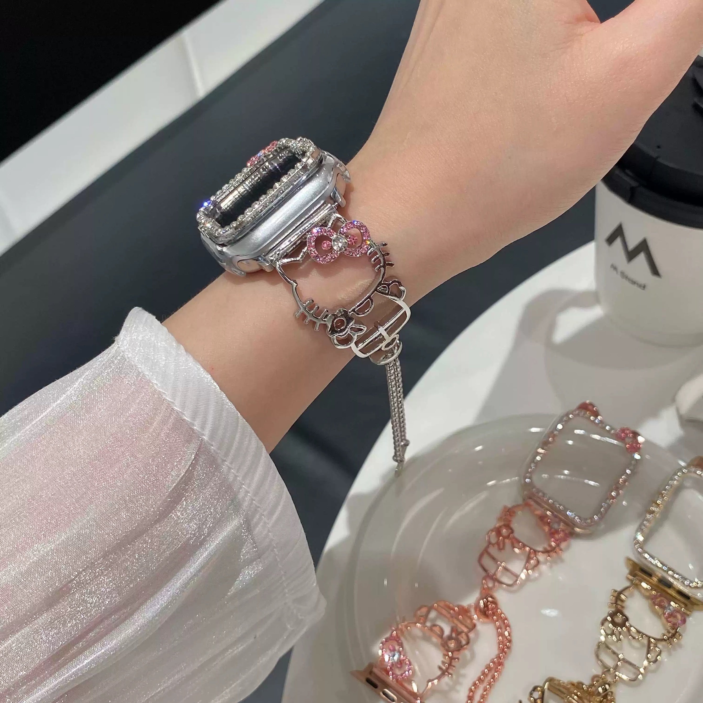 HK Shape Apple Watch Band Bling Diamond Jewelry Metal Strap Bands with Crystal Tempered Glass Screen Protector Case, Round Shiny Bracelet Wristband for iWatch Series