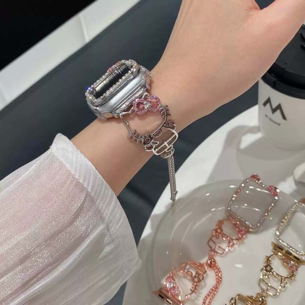 HK Shape Apple Watch Band Bling Diamond Jewelry Metal Strap Bands with Crystal Tempered Glass Screen Protector Case, Round Shiny Bracelet Wristband for iWatch Series
