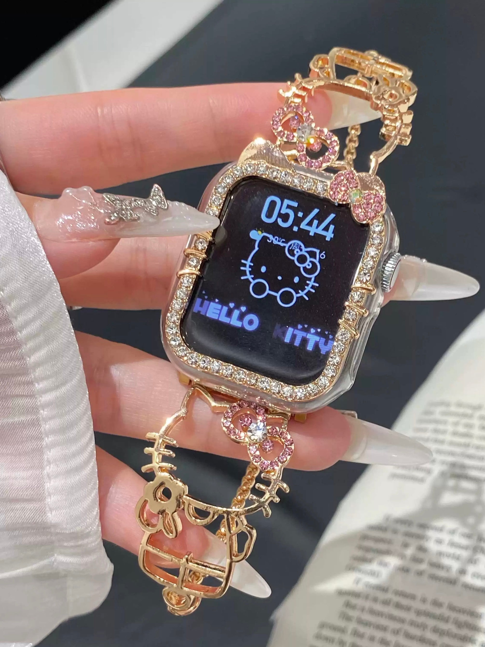 HK Shape Apple Watch Band Bling Diamond Jewelry Metal Strap Bands with Crystal Tempered Glass Screen Protector Case, Round Shiny Bracelet Wristband for iWatch Series