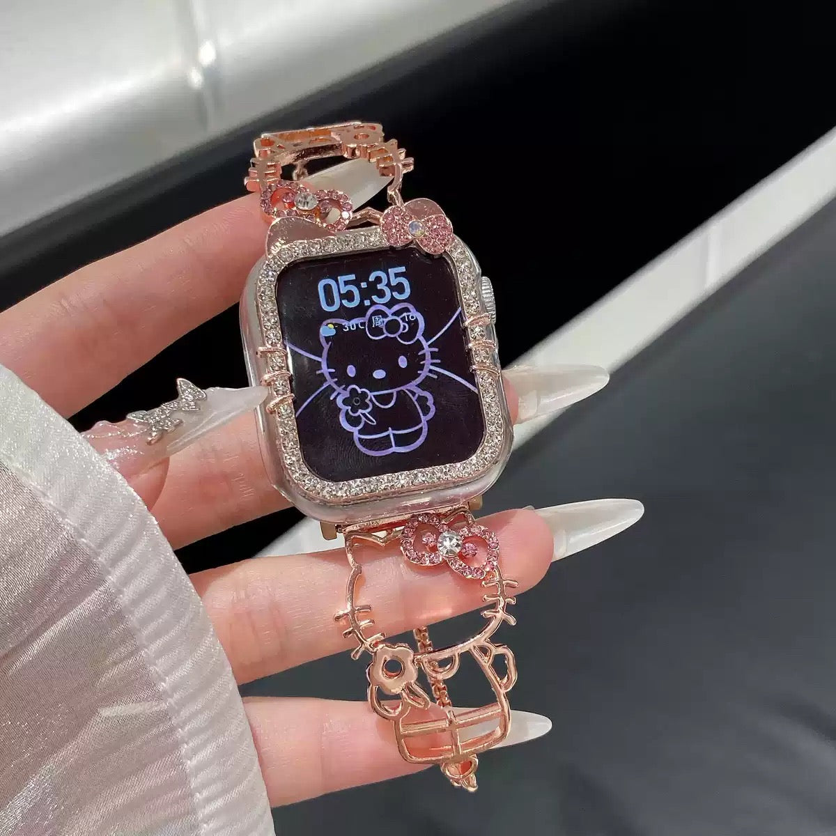 HK Shape Apple Watch Band Bling Diamond Jewelry Metal Strap Bands with Crystal Tempered Glass Screen Protector Case, Round Shiny Bracelet Wristband for iWatch Series