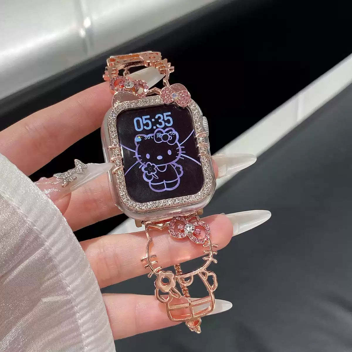 HK Shape Apple Watch Band Bling Diamond Jewelry Metal Strap Bands with Crystal Tempered Glass Screen Protector Case, Round Shiny Bracelet Wristband for iWatch Series