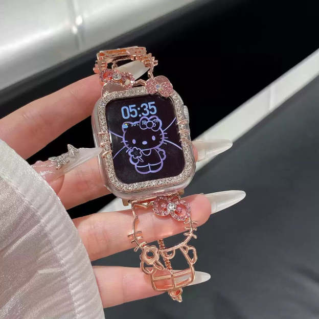 HK Shape Apple Watch Band Bling Diamond Jewelry Metal Strap Bands with Crystal Tempered Glass Screen Protector Case, Round Shiny Bracelet Wristband for iWatch Series