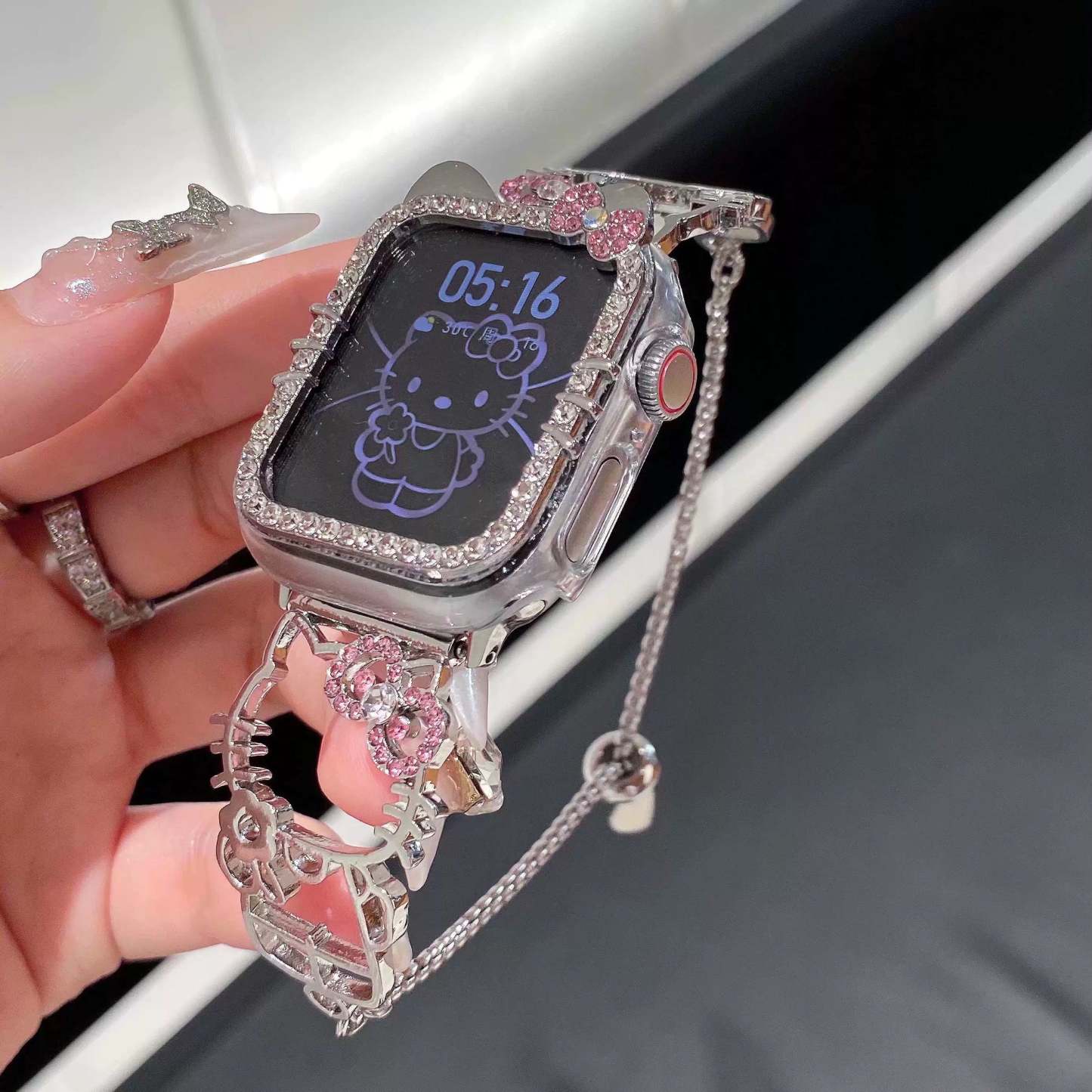 HK Shape Apple Watch Band Bling Diamond Jewelry Metal Strap Bands with Crystal Tempered Glass Screen Protector Case, Round Shiny Bracelet Wristband for iWatch Series