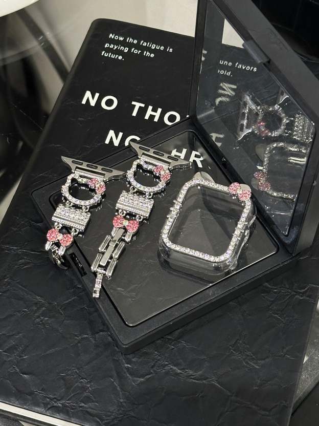 HK Apple Watch Band Bling Diamond Jewelry Metal Strap with Crystal Tempered Glass Screen Protector Case-cutelalaco