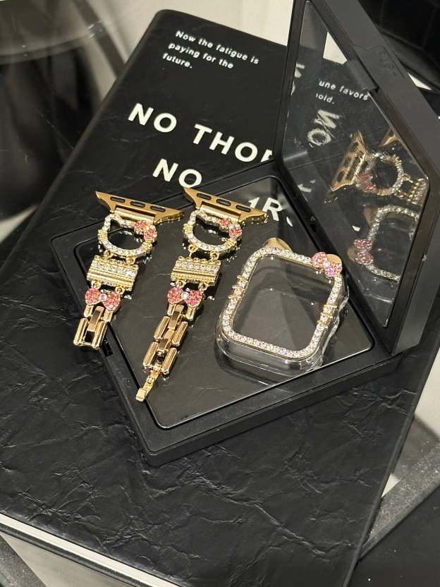 HK Apple Watch Band Bling Diamond Jewelry Metal Strap with Crystal Tempered Glass Screen Protector Case-cutelalaco