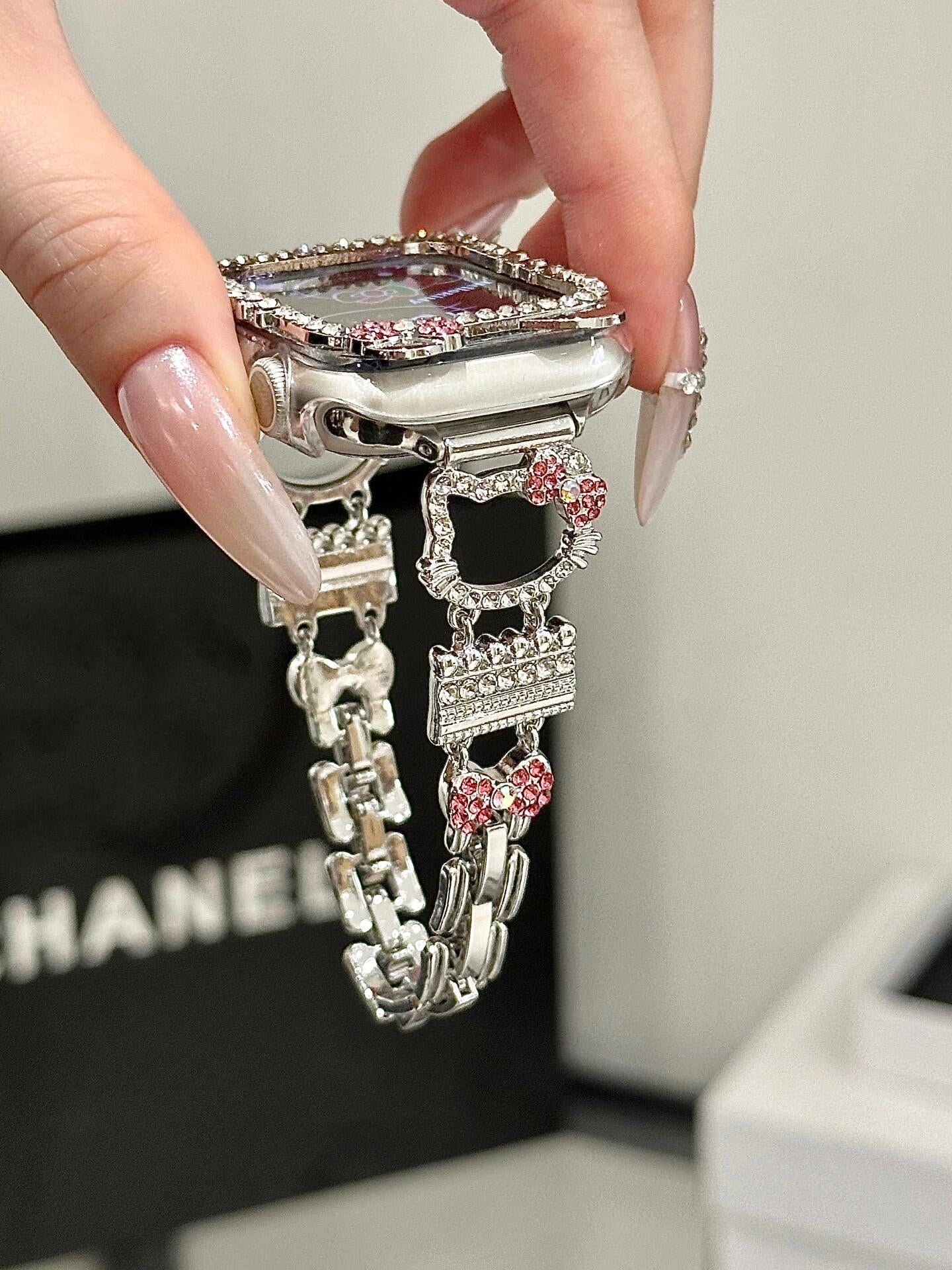 HK Apple Watch Band Bling Diamond Jewelry Metal Strap with Crystal Tempered Glass Screen Protector Case-cutelalaco