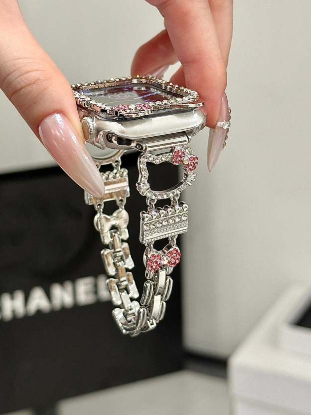 HK Apple Watch Band Bling Diamond Jewelry Metal Strap with Crystal Tempered Glass Screen Protector Case-cutelalaco