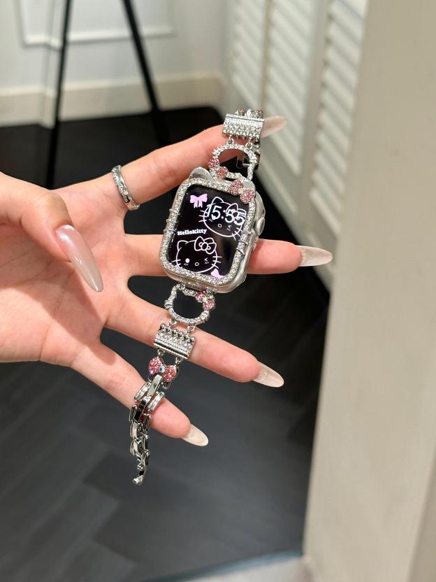HK Apple Watch Band Bling Diamond Jewelry Metal Strap with Crystal Tempered Glass Screen Protector Case-cutelalaco