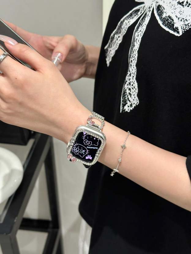 HK Apple Watch Band Bling Diamond Jewelry Metal Strap with Crystal Tempered Glass Screen Protector Case-cutelalaco