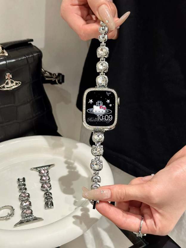 HK Apple Watch Band Diamond Jewelry Metal Strap Bands with Crystal Tempered Glass Screen Protector Case Round Shiny Bracelet Wristband for iWatch Series-cutelalaco