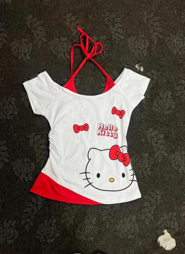 HK Women's Y2k Graphic Halter Neck T Shirt Ruched Short Sleeve Tops