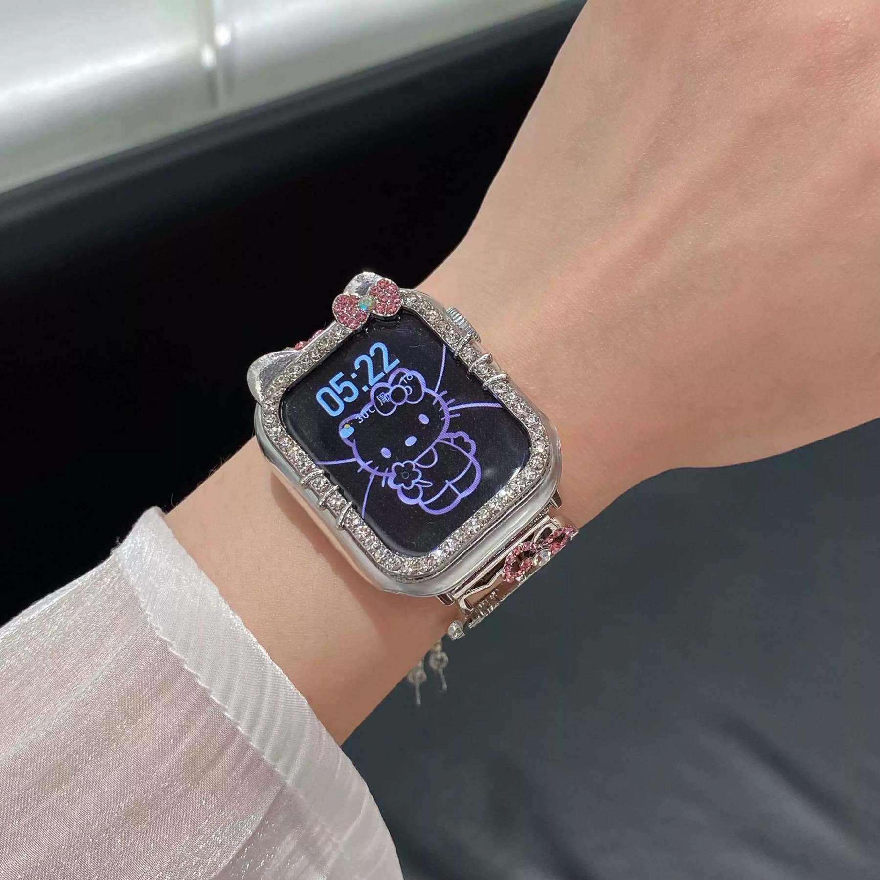 HK Shape Apple Watch Band Bling Diamond Jewelry Metal Strap Bands with Crystal Tempered Glass Screen Protector Case, Round Shiny Bracelet Wristband for iWatch Series
