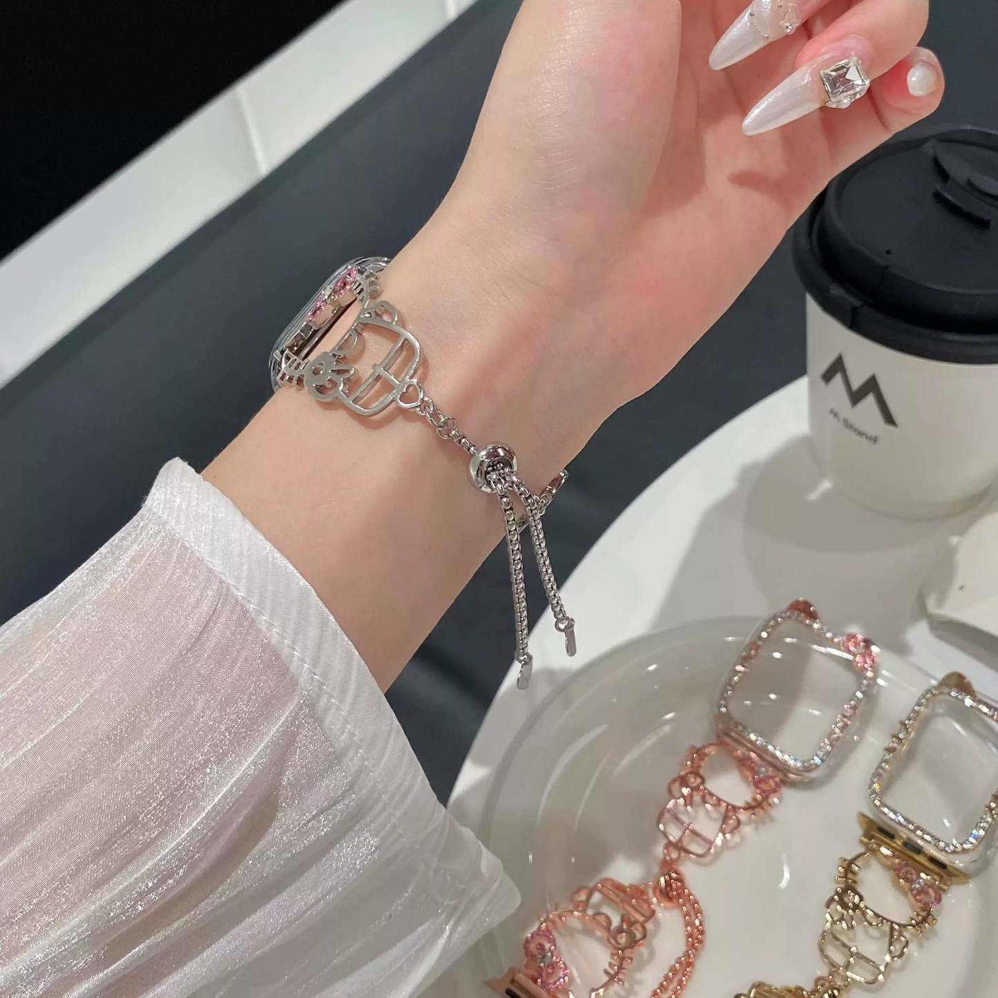 HK Shape Apple Watch Band Bling Diamond Jewelry Metal Strap Bands with Crystal Tempered Glass Screen Protector Case, Round Shiny Bracelet Wristband for iWatch Series