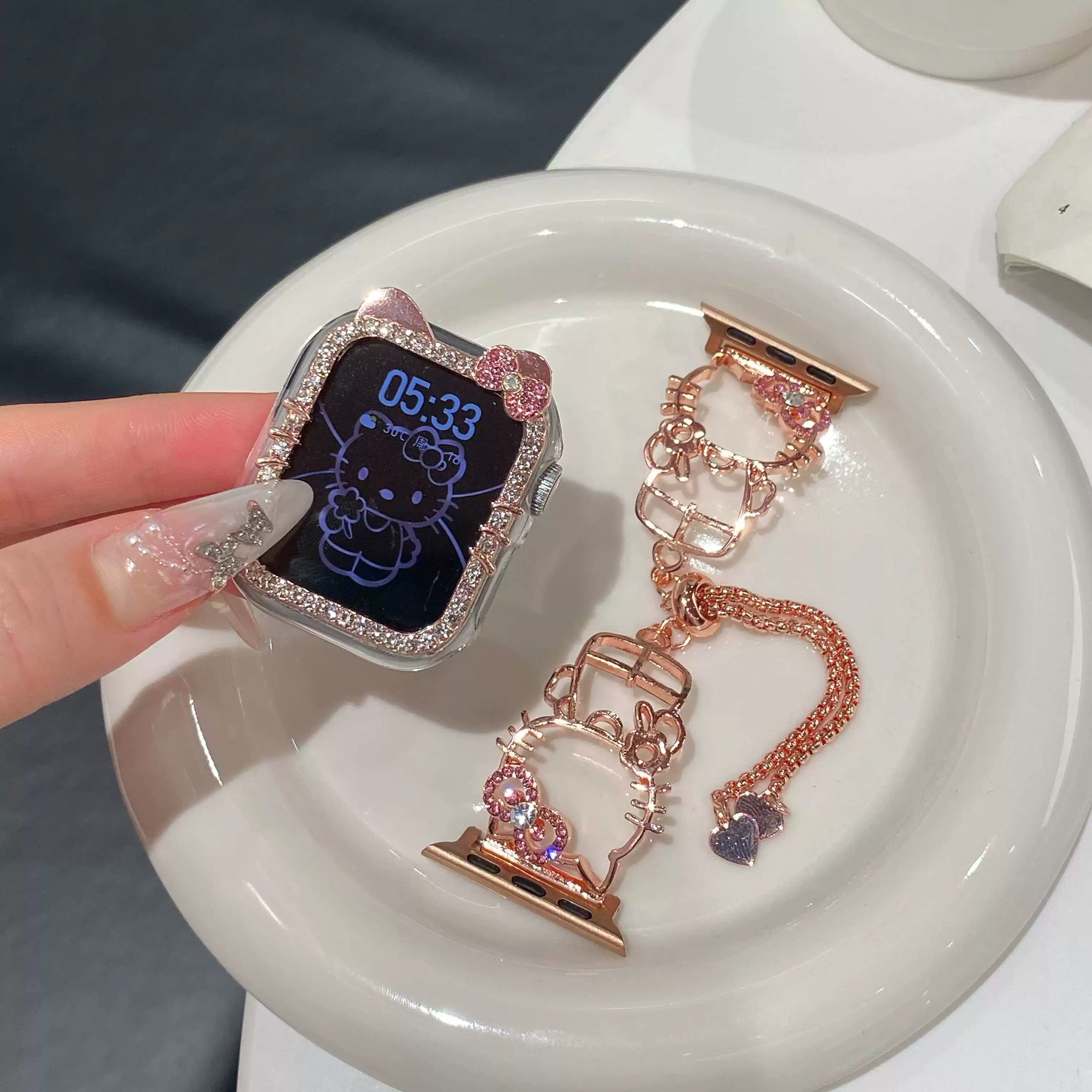 HK Shape Apple Watch Band Bling Diamond Jewelry Metal Strap Bands with Crystal Tempered Glass Screen Protector Case, Round Shiny Bracelet Wristband for iWatch Series