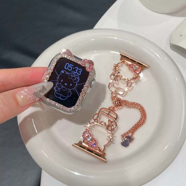 HK Shape Apple Watch Band Bling Diamond Jewelry Metal Strap Bands with Crystal Tempered Glass Screen Protector Case, Round Shiny Bracelet Wristband for iWatch Series