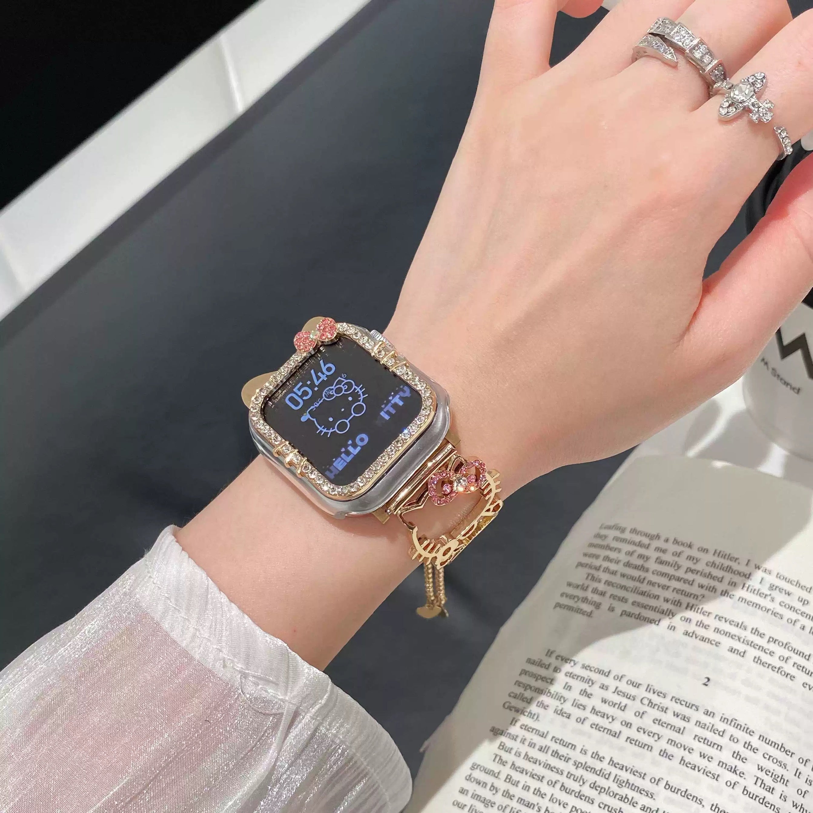 HK Shape Apple Watch Band Bling Diamond Jewelry Metal Strap Bands with Crystal Tempered Glass Screen Protector Case, Round Shiny Bracelet Wristband for iWatch Series