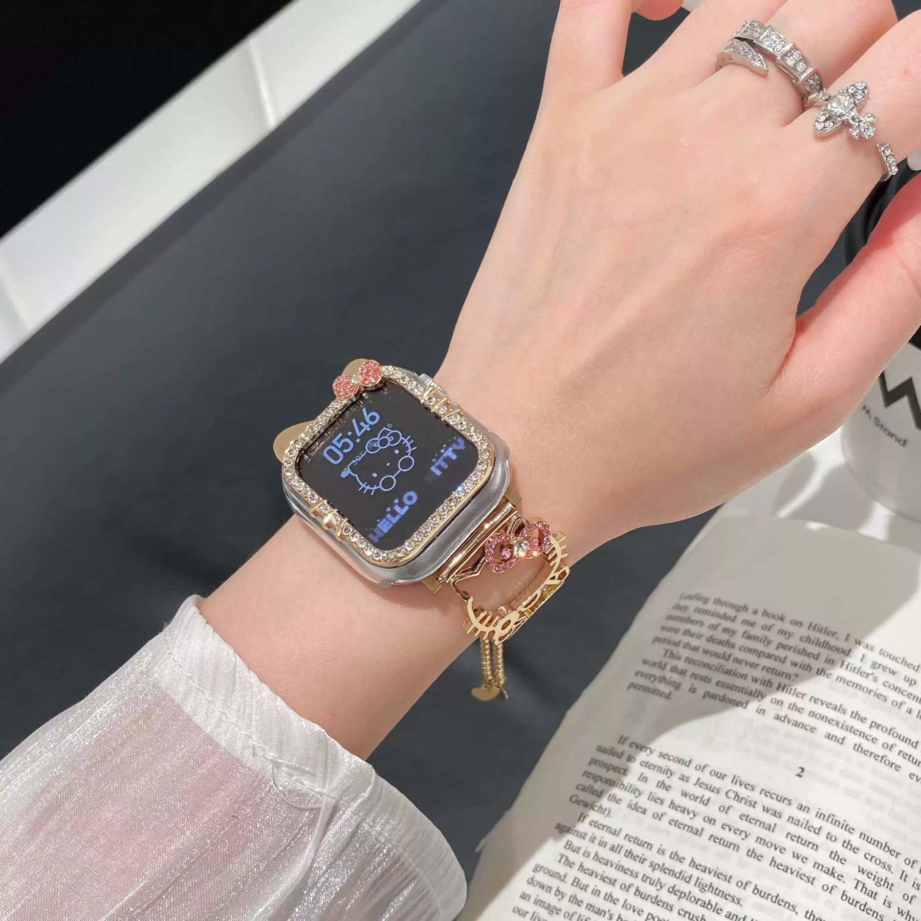 HK Shape Apple Watch Band Bling Diamond Jewelry Metal Strap Bands with Crystal Tempered Glass Screen Protector Case, Round Shiny Bracelet Wristband for iWatch Series