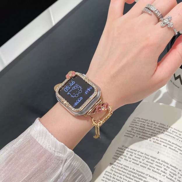 HK Shape Apple Watch Band Bling Diamond Jewelry Metal Strap Bands with Crystal Tempered Glass Screen Protector Case, Round Shiny Bracelet Wristband for iWatch Series