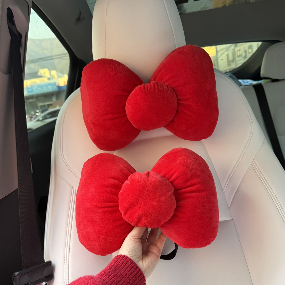 HK Red Bow Car Seat Accessories Set, Plush Seatbelt Shoulder Pad & Headrest Pillow, Cute Auto Interior Decor 03260129