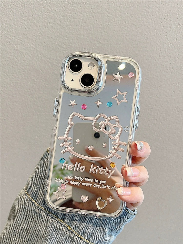 Close-up of Hello Kitty mirror design on iPhone case