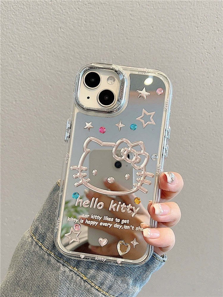 Close-up of Hello Kitty mirror design on iPhone case