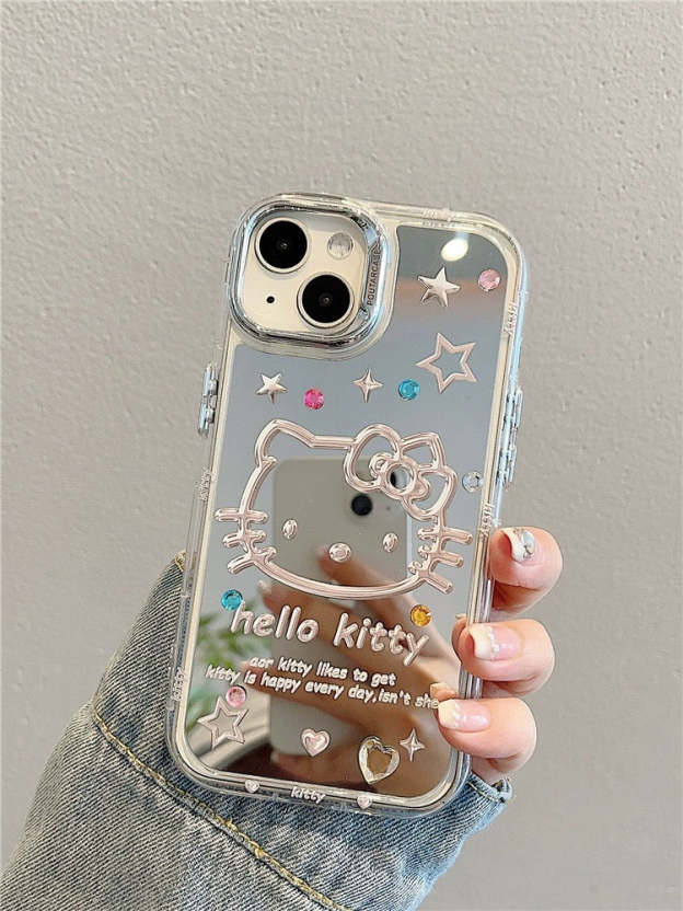 Close-up of Hello Kitty mirror design on iPhone case