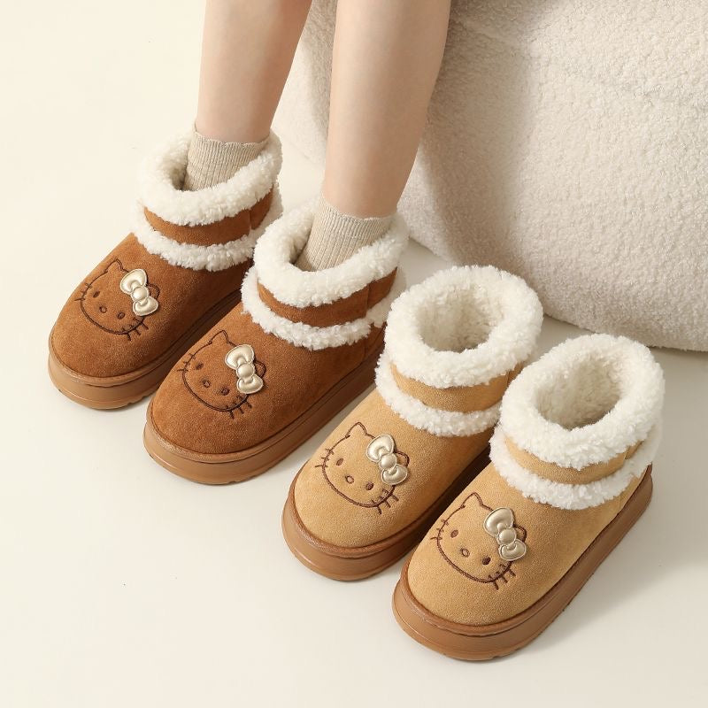 HK Cute Pompon Lace Up Fur Winter Snow Boots Fluffy Boots Shoes