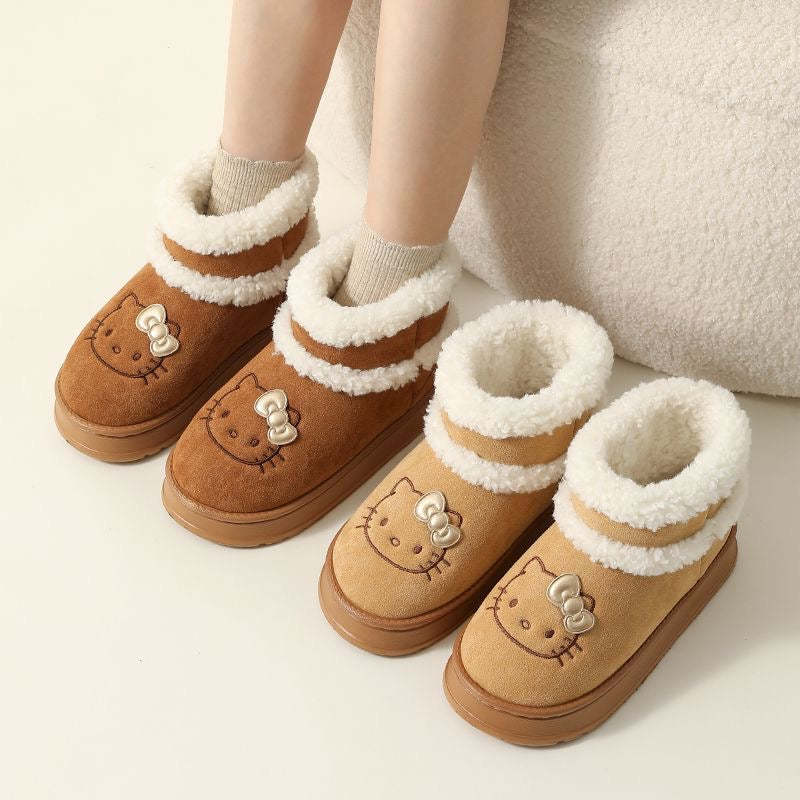 HK Cute Pompon Lace Up Fur Winter Snow Boots Fluffy Boots Shoes